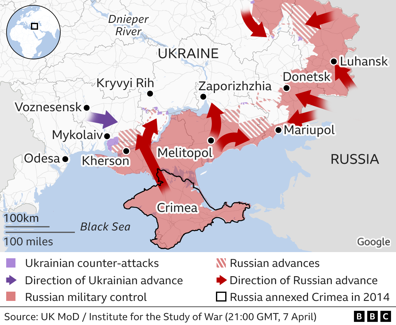 Map showing the Russian military advance into Ukraine from the south