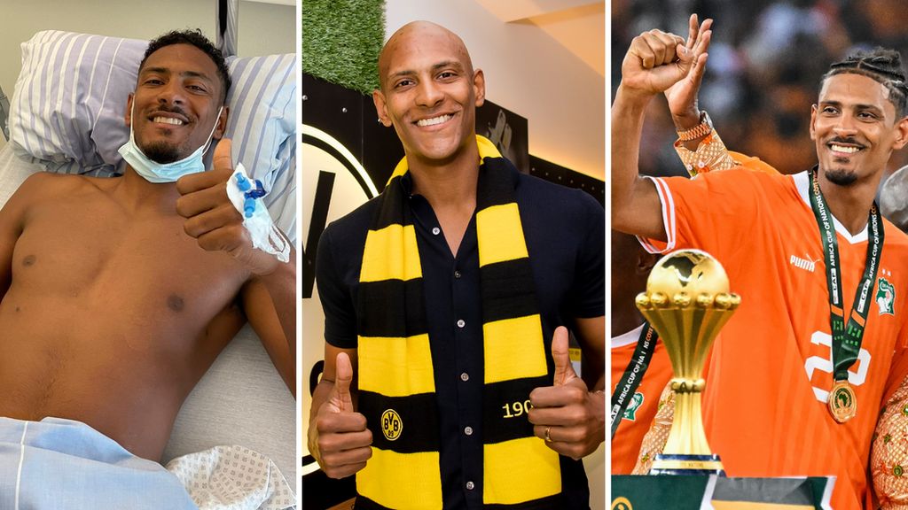 Sebastien Haller during his treatment for testicular cancer at Borussia Dortmund and with the Africa Cup of Nations trophy