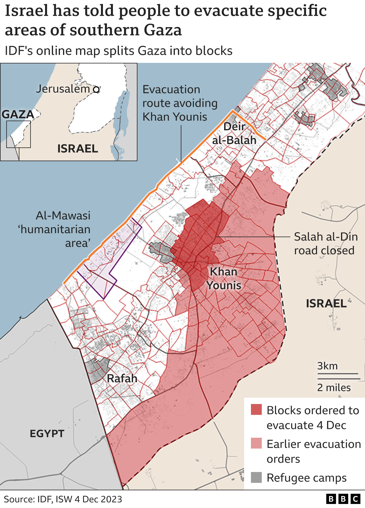 Map showing Israeli-declared evacuation zones in southern Gaza (4 December 2023)