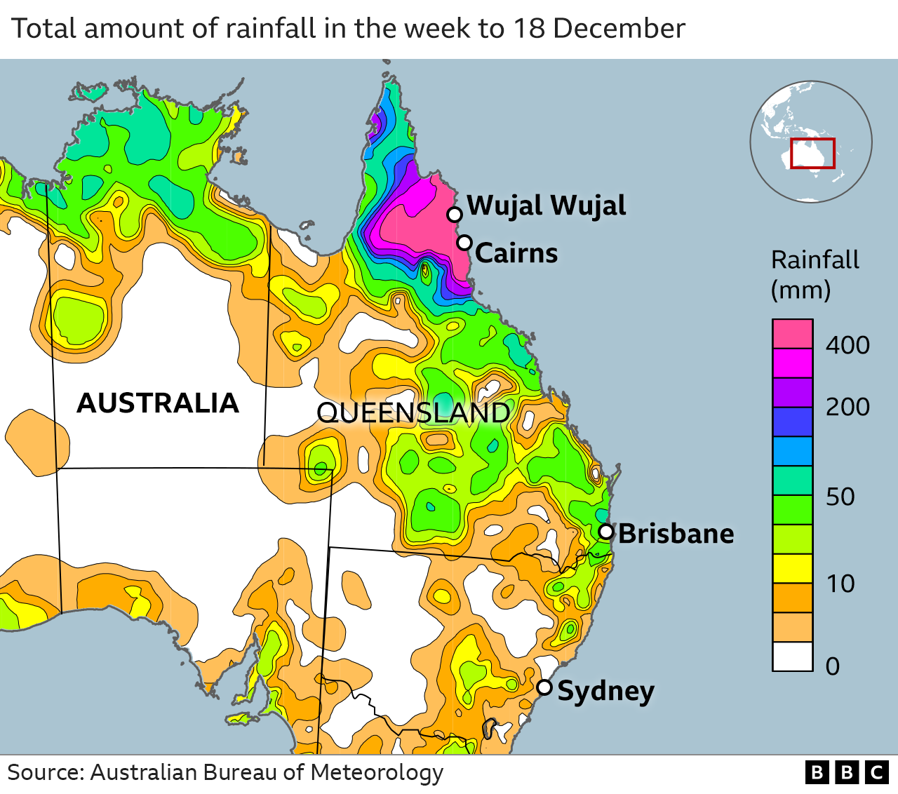 A BBC map shows the total amount of rainfall received in north Queensland in the week to 18 December, with highs of 400mm received around Cairns and Wujal Wujal