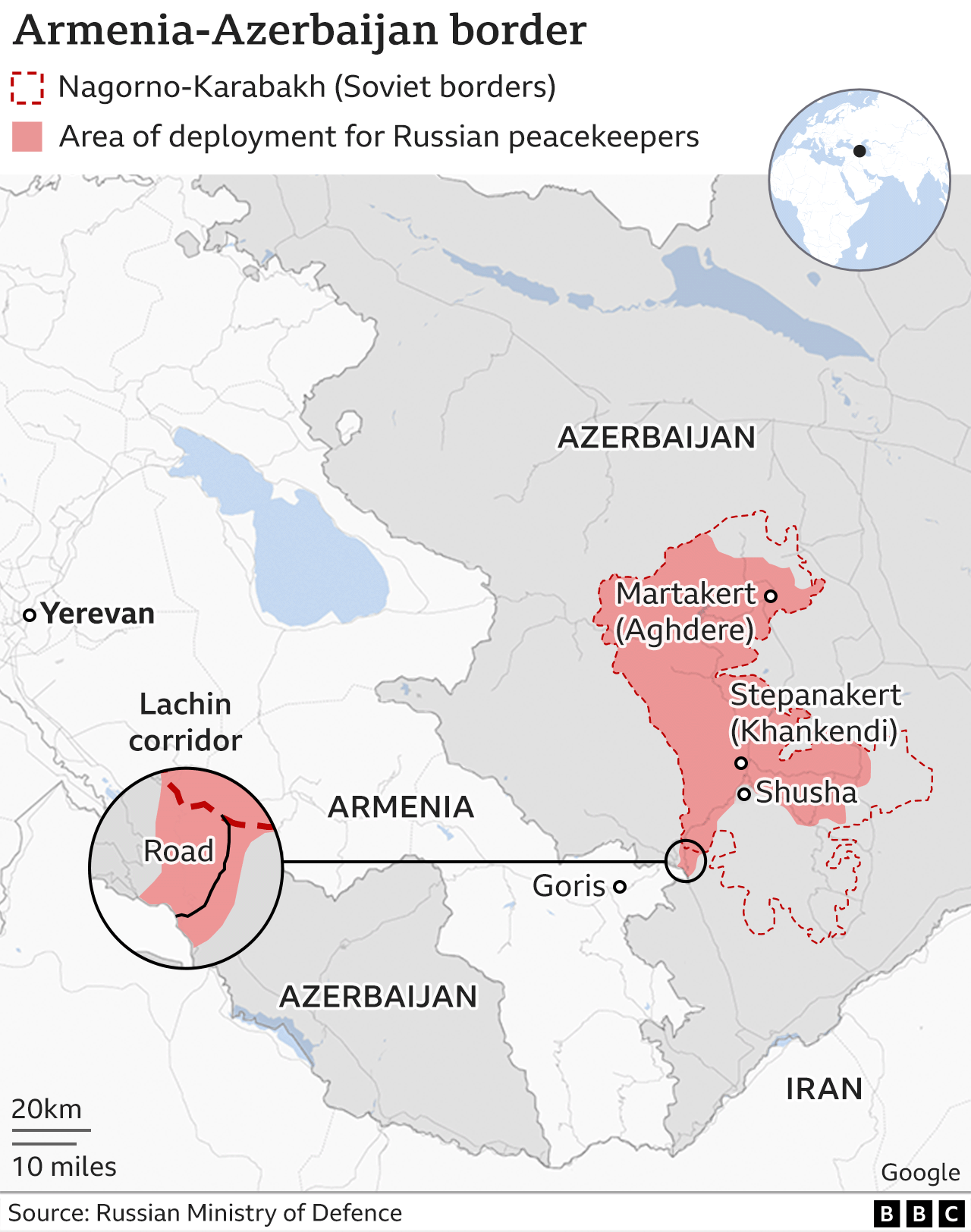 На карте показано расположение Лачинского коридора и армяно-азербайджанской границы