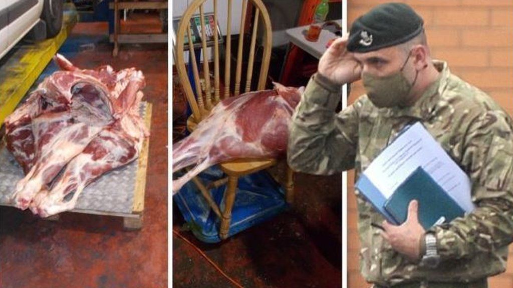 Two pictures of the meat found in Jakupi's garage and Jakupi on the right