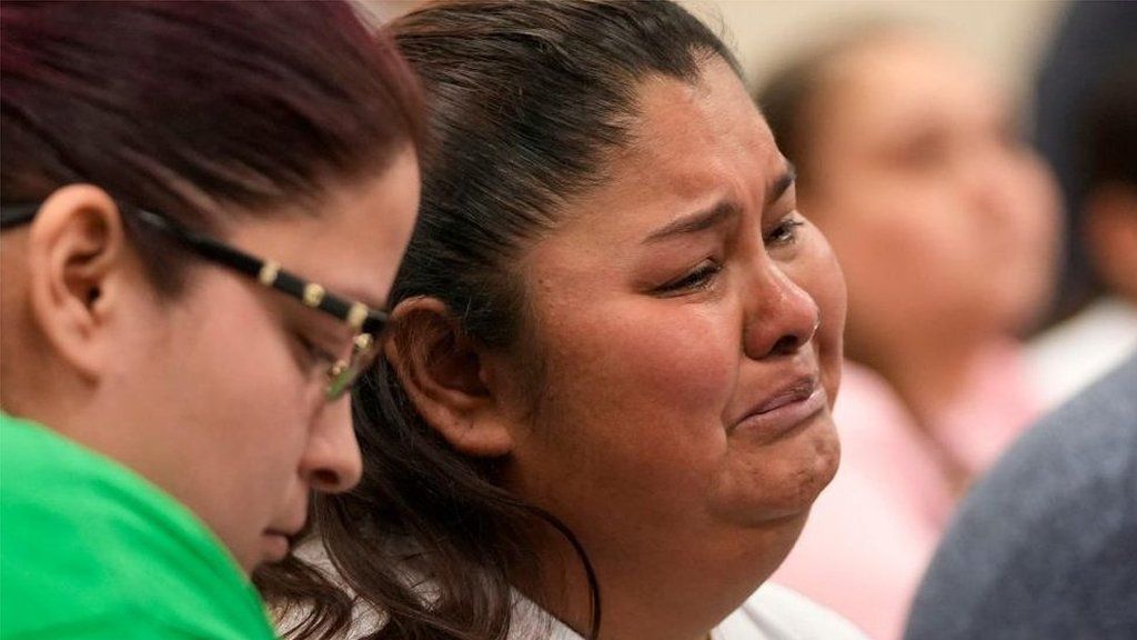 Felicha Martinez, mother of Uvalde school shooting victim Xaver Lopez, cries as she listens to U.S. Attorney General Merrick Garland speaking about the Department of Justice Incident Report
