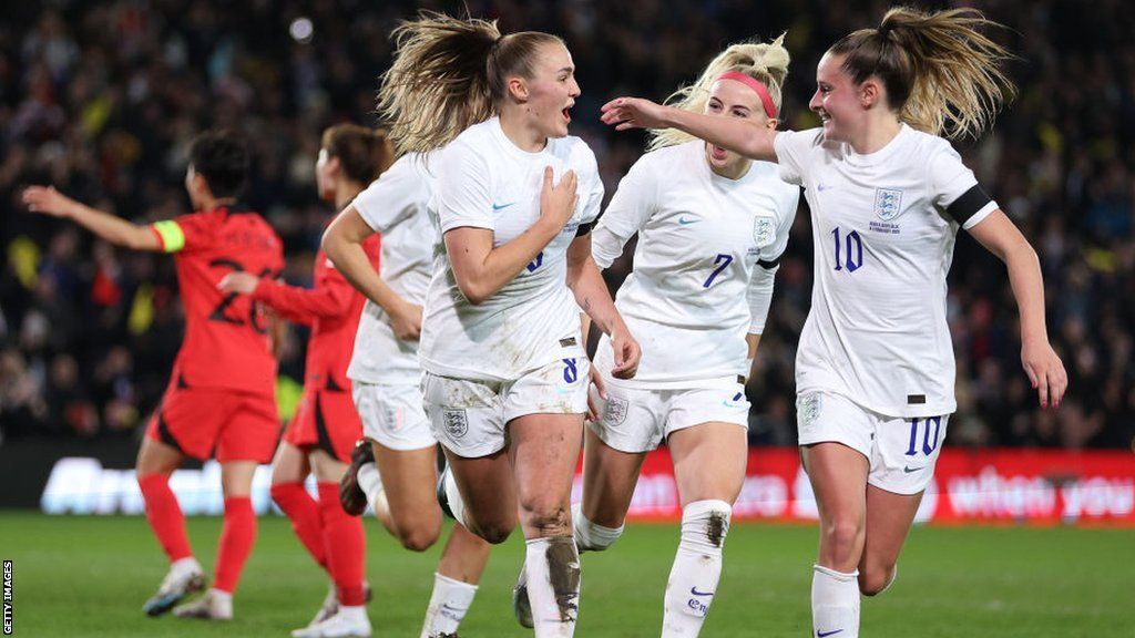 England players celebrate Georgia Stanway's goal