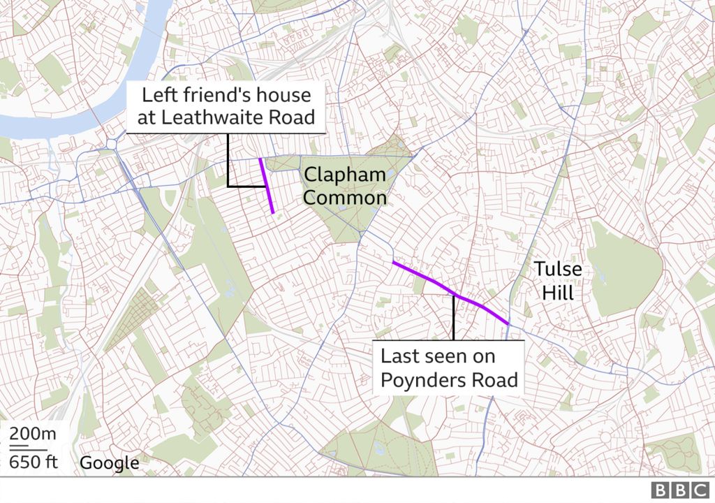 Graphic of a map of the area where Ms Everard was last seen