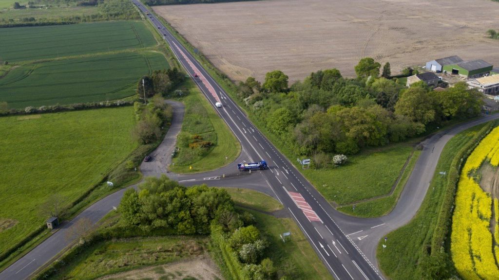 The A1 at its junction with the B6345 at Felton, Northumberland