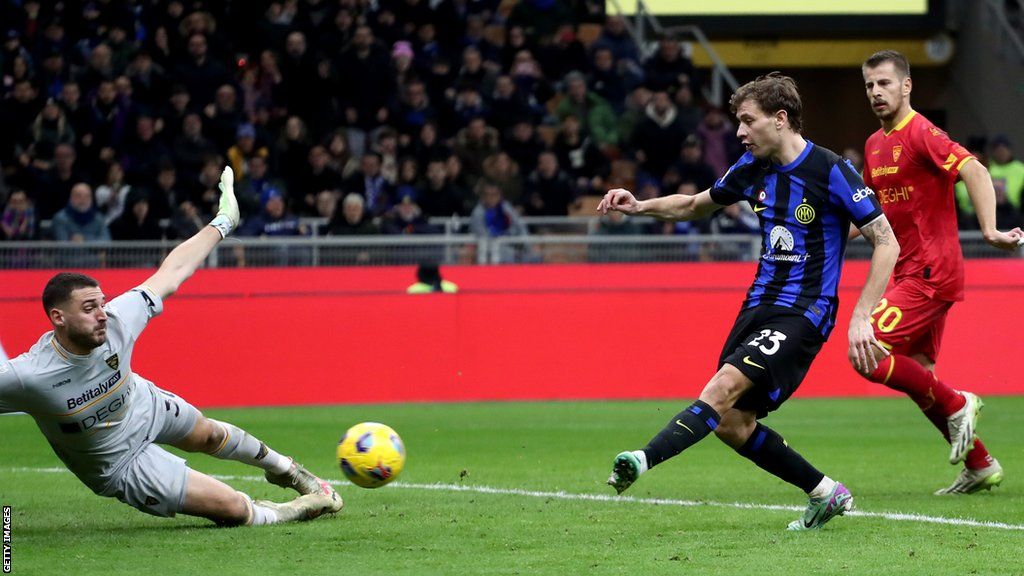 Inter Milan's Nicolo Barella scores against Leece in Serie A