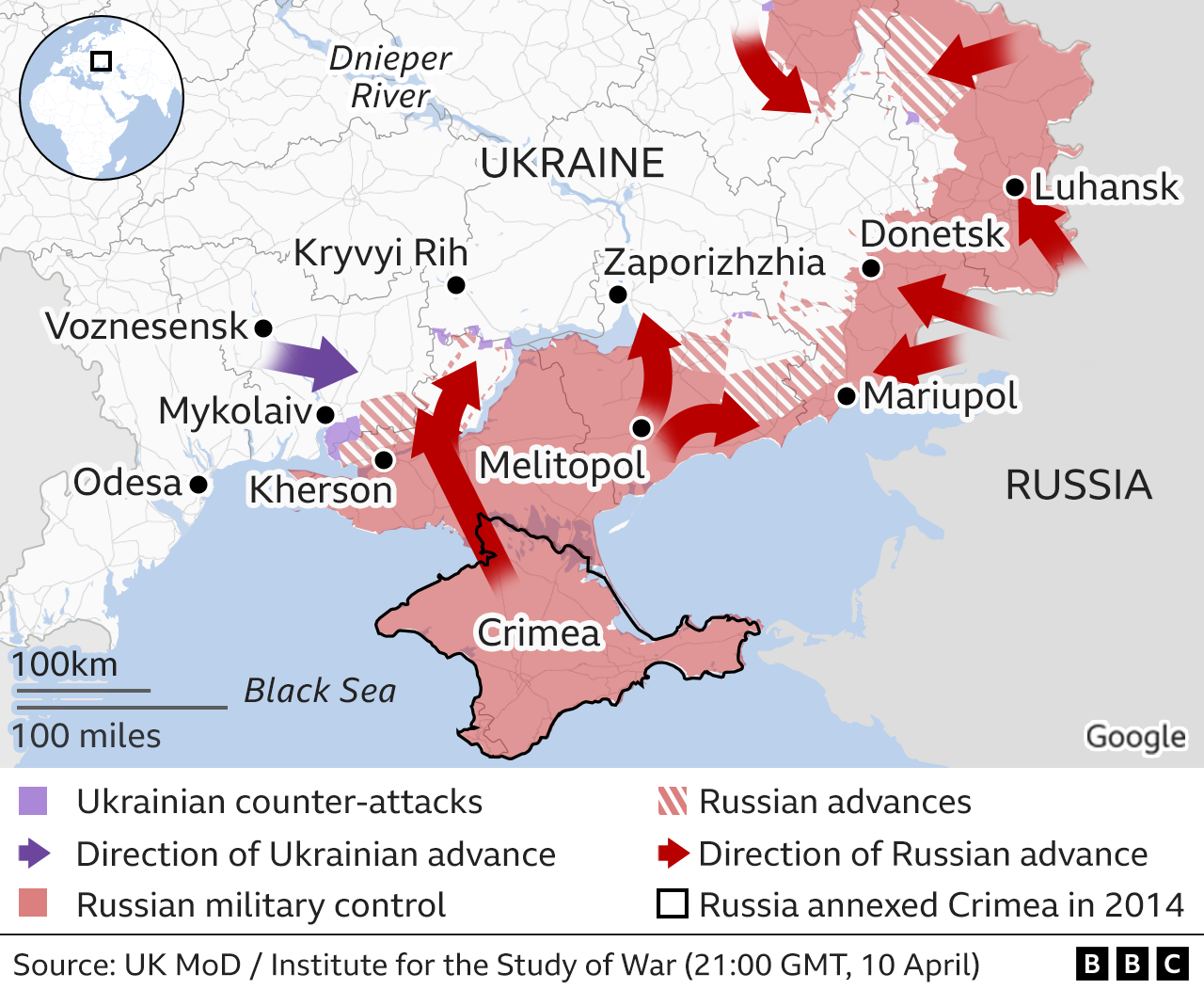 Map showing the Russian military advance into Ukraine from the south