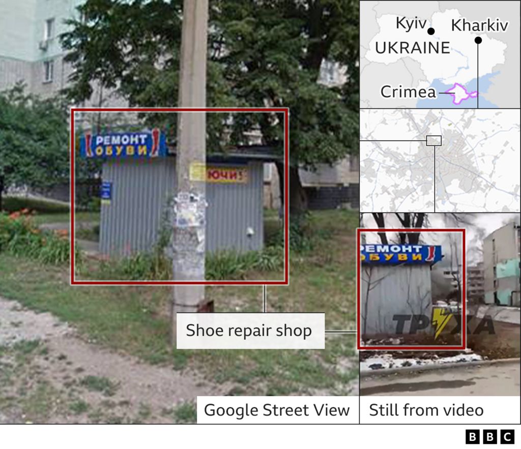 Shows location of shoe repair shop by comparing Google Street view with a still from the video that captured the attack