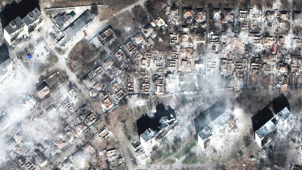 Aerial view of devastated area of Mariupol, 29 March