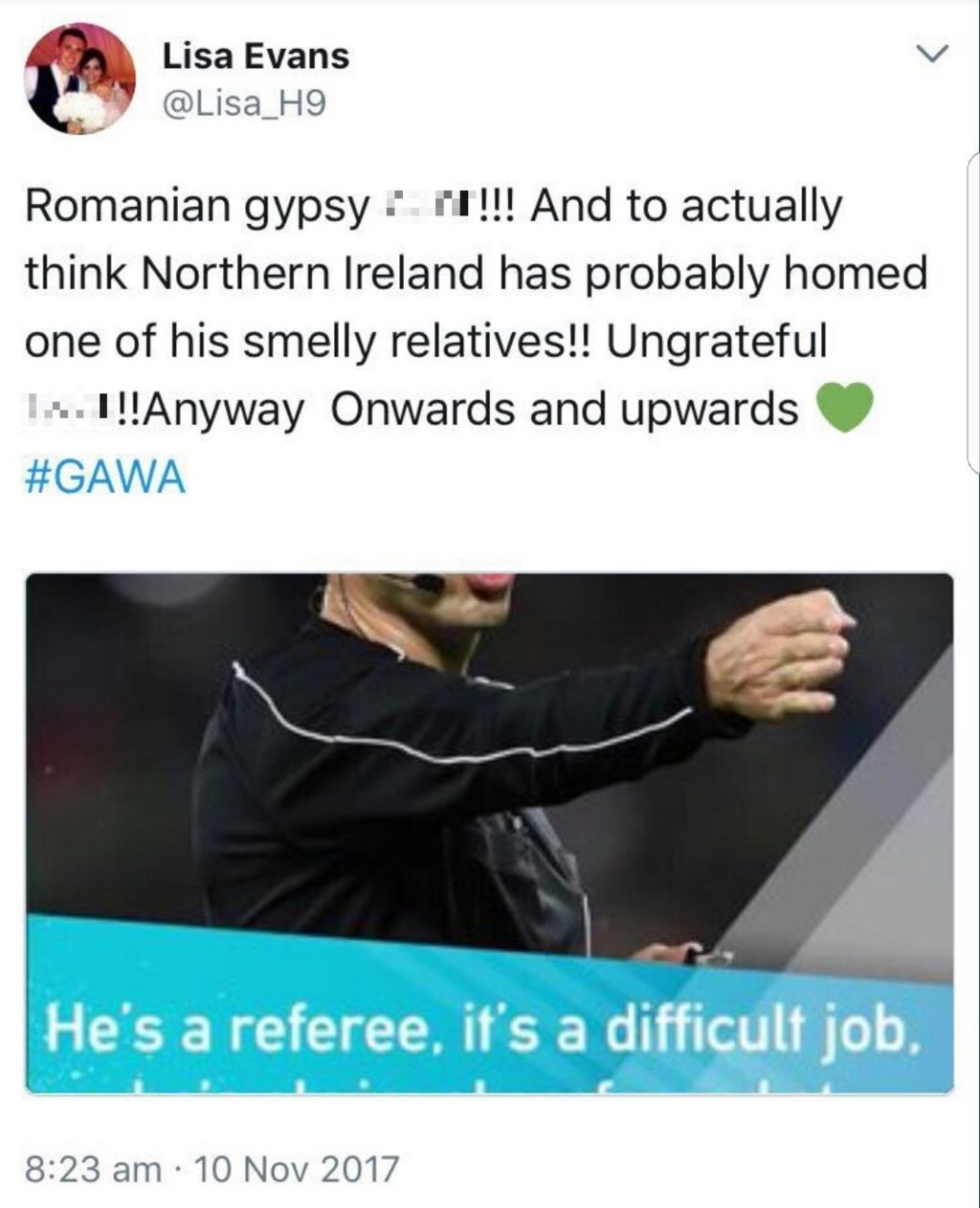 Tweet sent by Lisa Evans, the wife of NI footballer Corry Evans