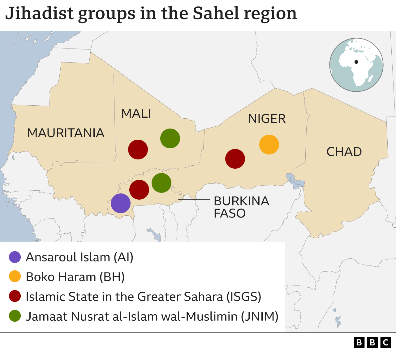 Map of the Sahel region in North Africa with an indication of which Jihadist groups operate in each country
