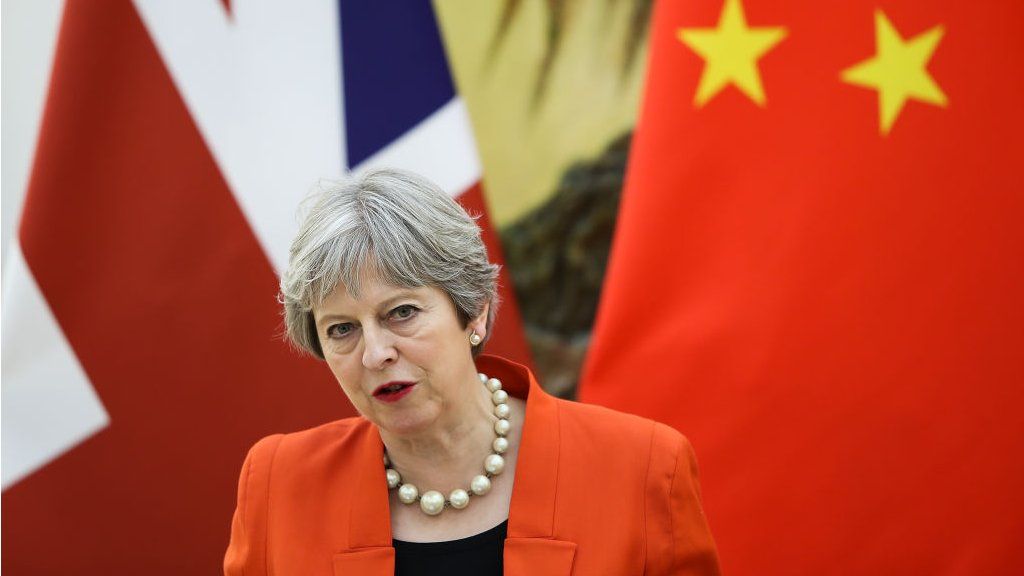 British Prime Minister Theresa May speaks at a press conference in the Great Hall of the People on January 31, 2018 in Beijing, China