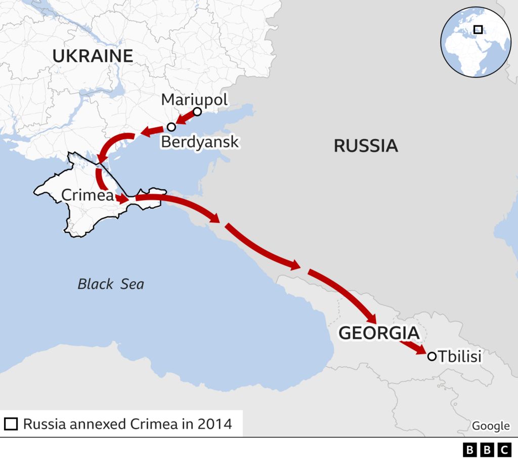 Map showing route from Mariupol to Georgia via Crimea