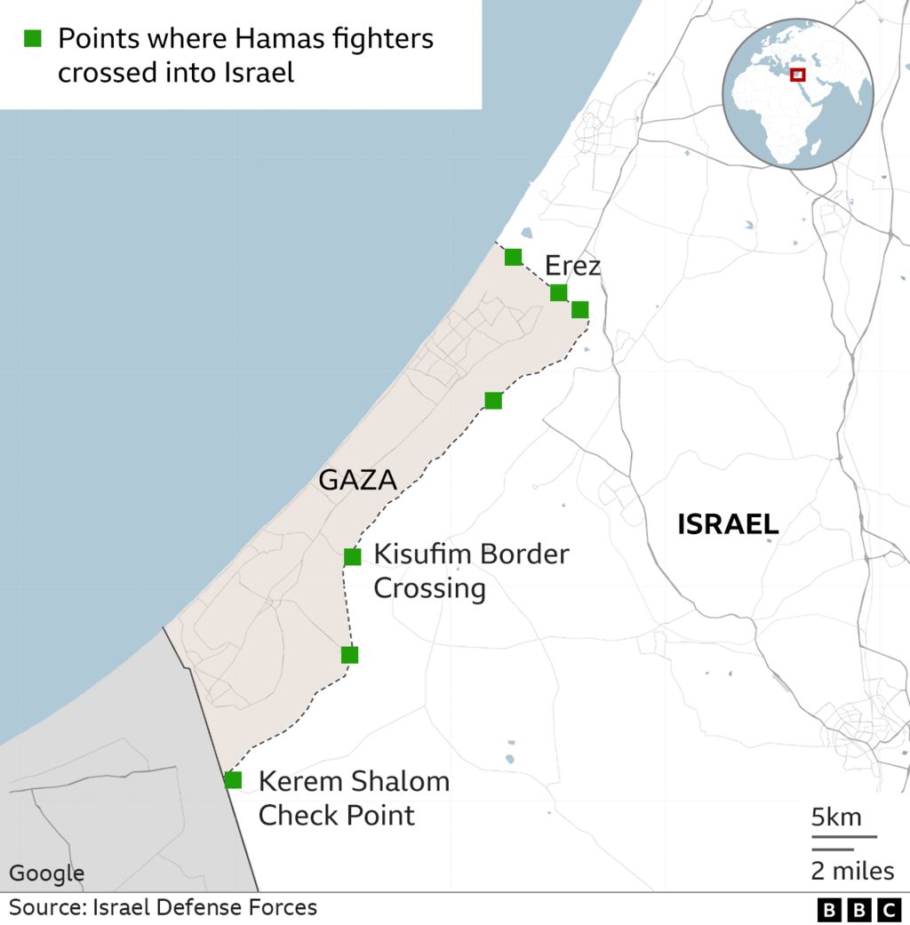 Map showing where Hamas fighters crossed from Gaza