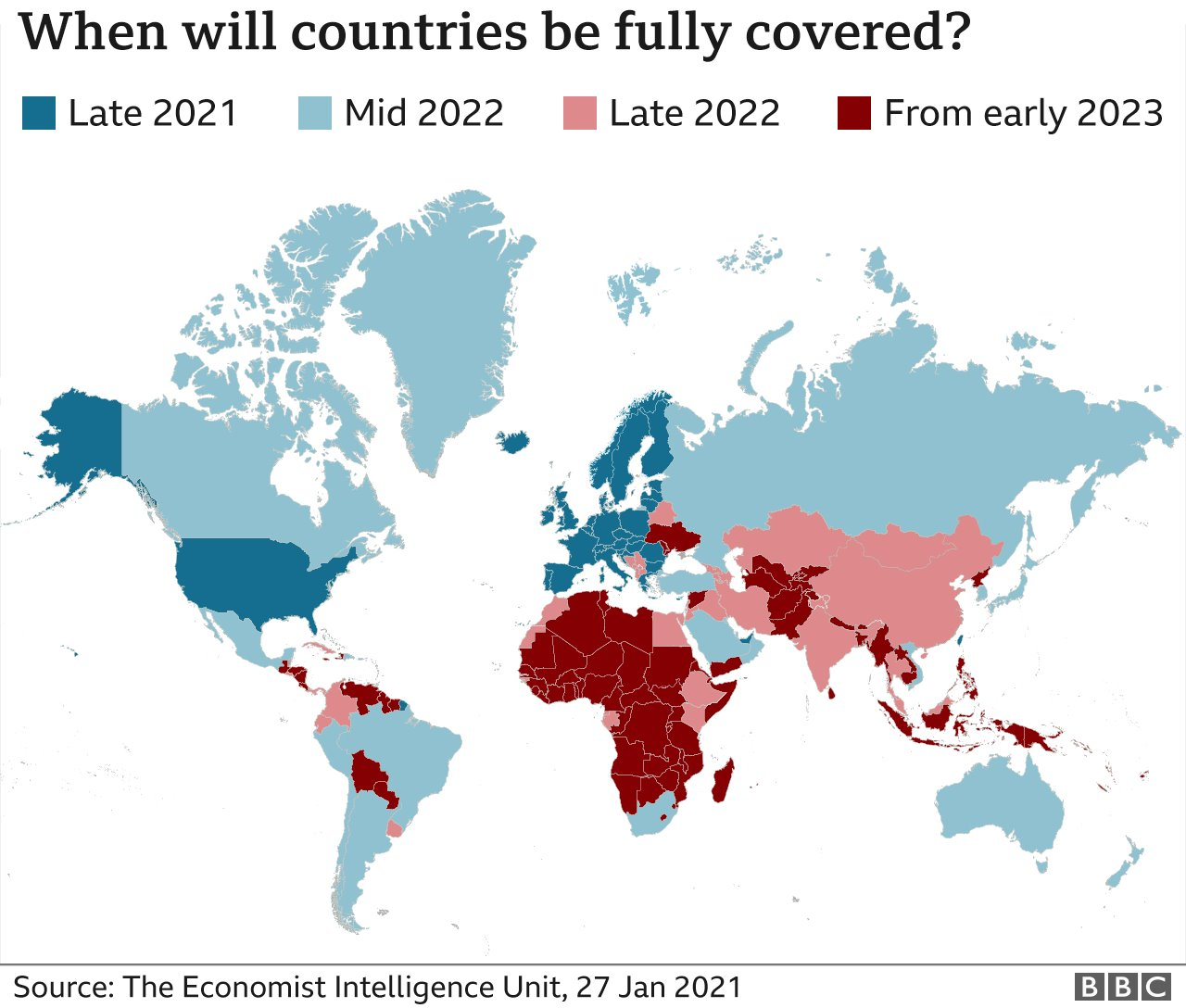 Карта, показывающая, когда страны, вероятно, будут полностью вакцинированы.