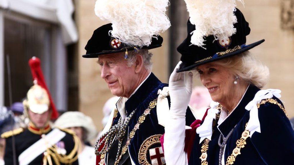 King Charles III and Queen Camilla during the Order Of The Garter Service at Windsor Castle on 19 June 2023
