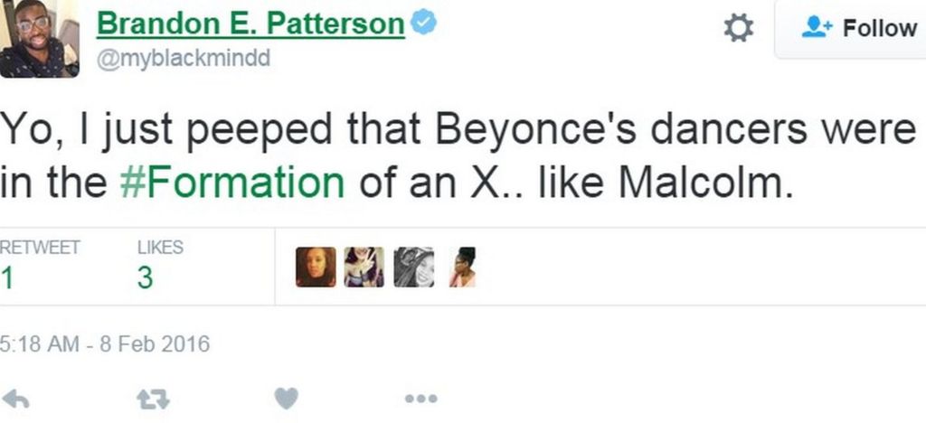 Tweet by Mother Jones correspondent commenting on Beyonce's dancers forming X shape - 7 February