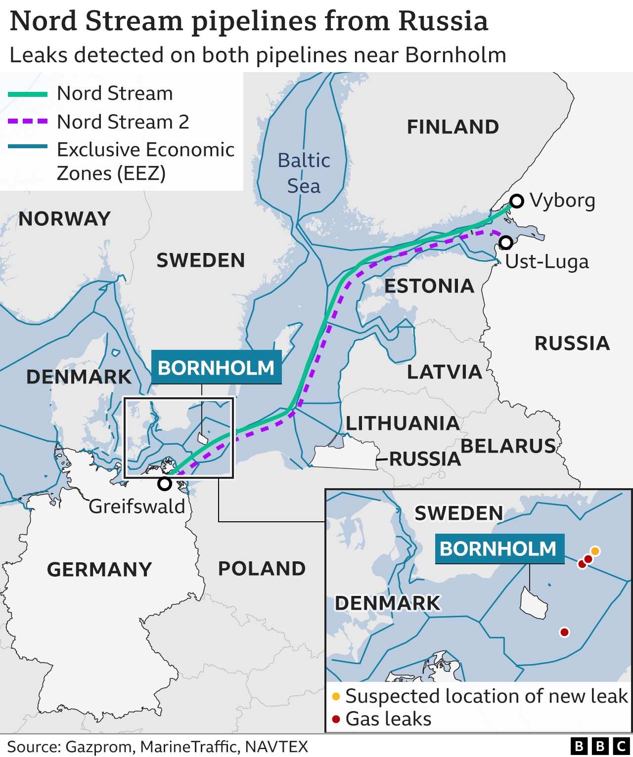 Map showing the route of the Nord Stream pipelines between Russia and Germany as well as the borders of the economic zones in the Baltic sea.