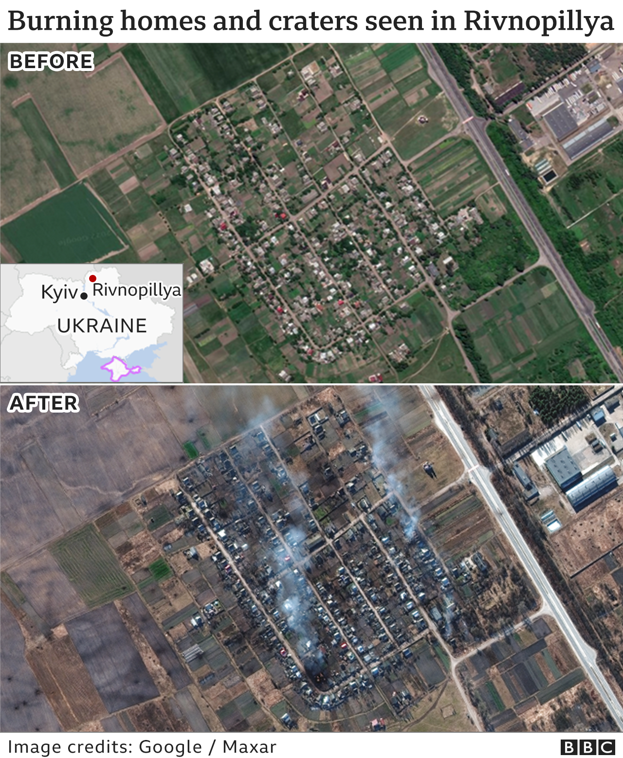 Images showing before and after an attack on Rivnopillya in Ukraine