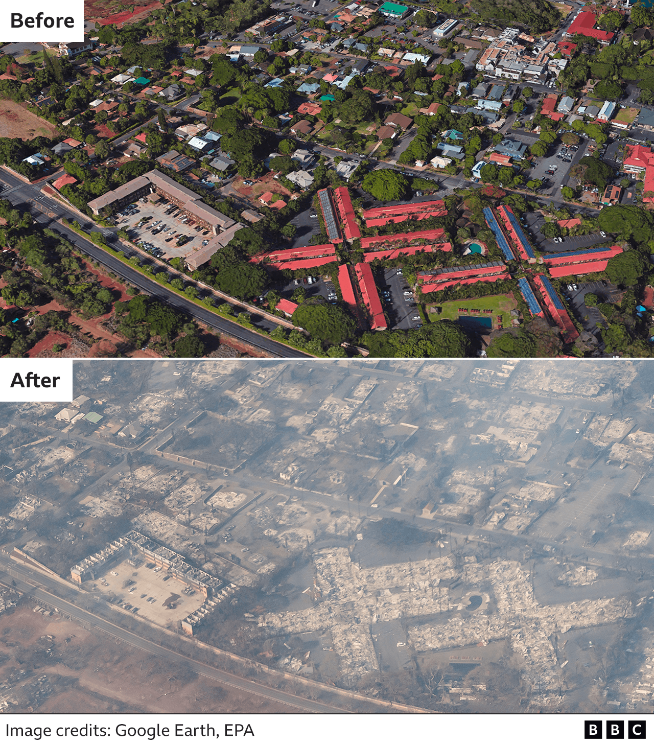 Before and after image showing devastation to hotels and residential areas in Lahaina
