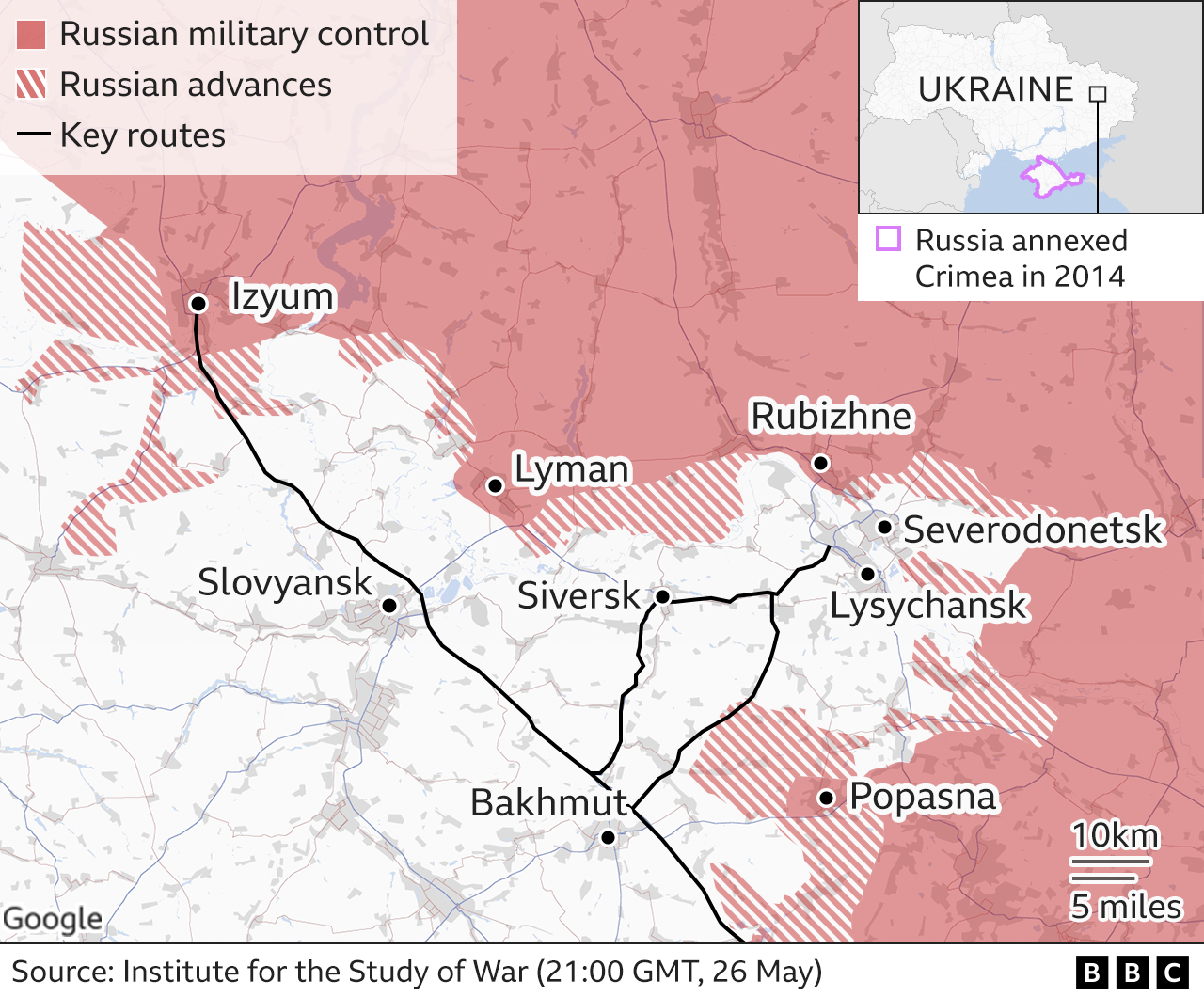 Mapa pokazująca okolice Siewierodoniecka, uaktualniona 27 maja