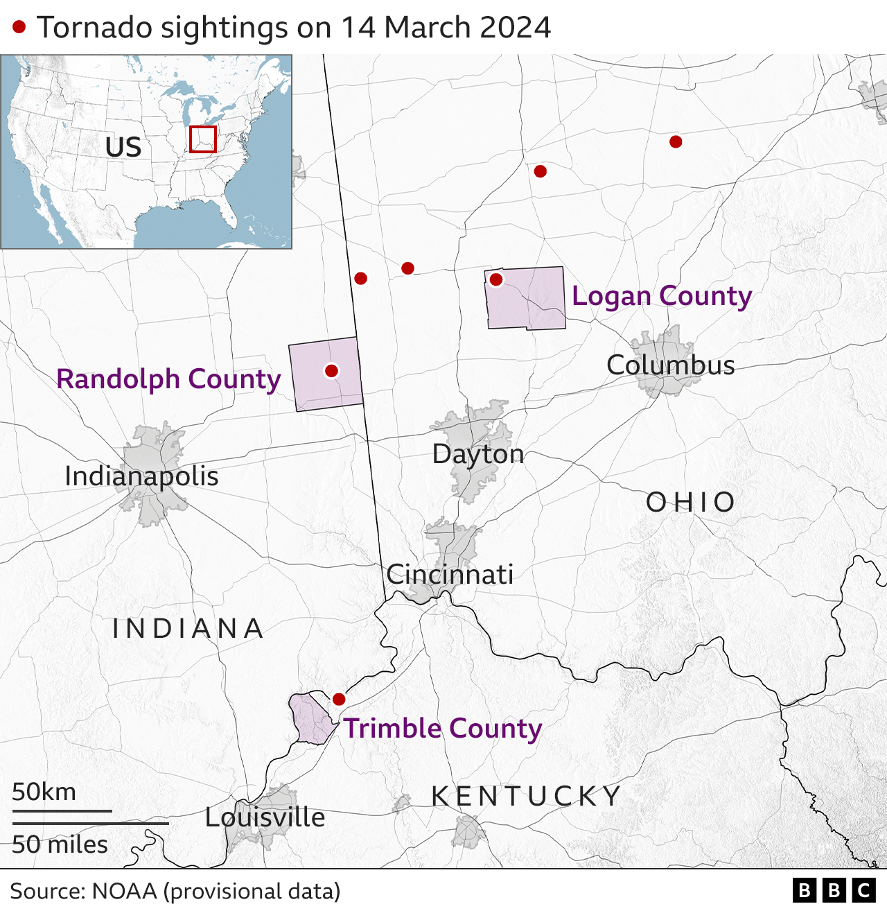 Map of tornadoes impacted area
