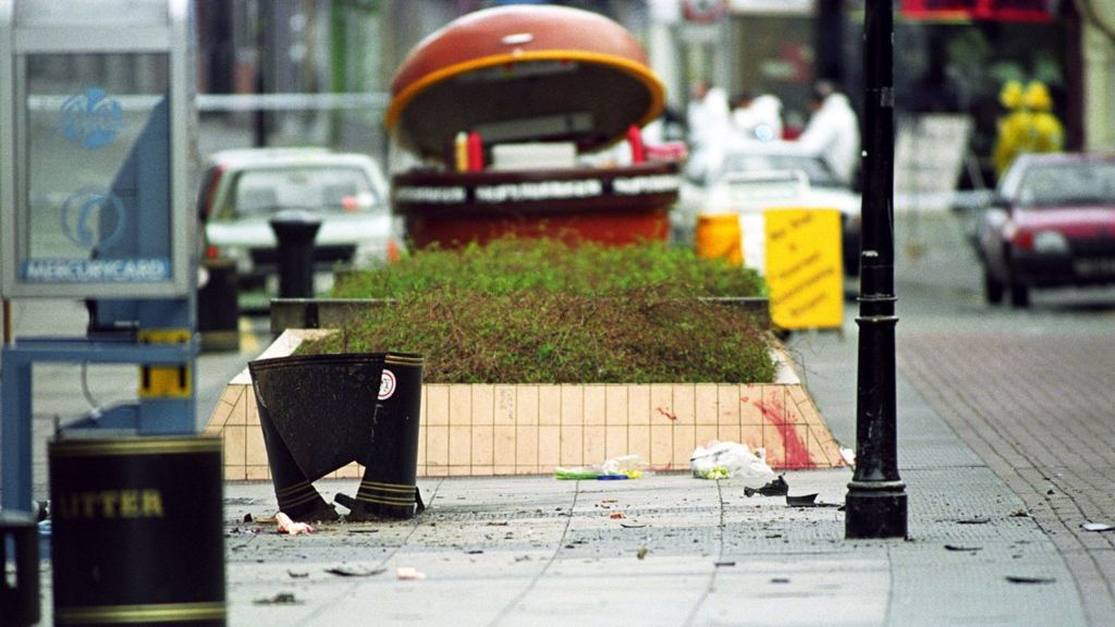 Debris and blood in Warrington after the February 1993 IRA bombing