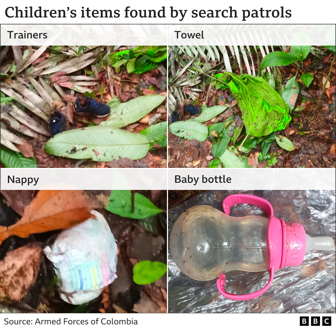 Some of the items found in the jungle - shoes, a towel, a nappy and a baby bottle