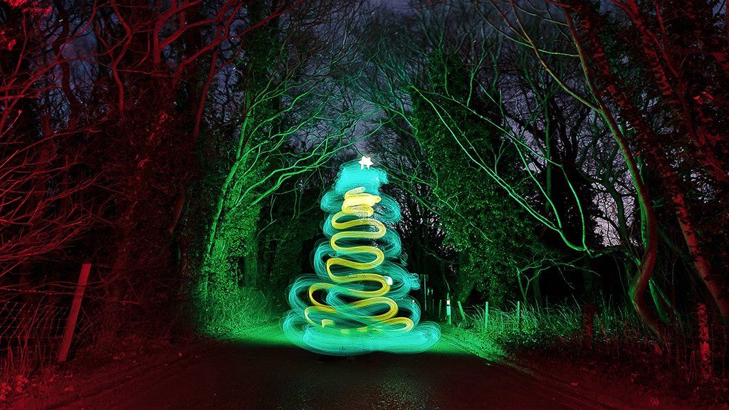 Light painting of a Christmas tree on a lane in Brightlingsea