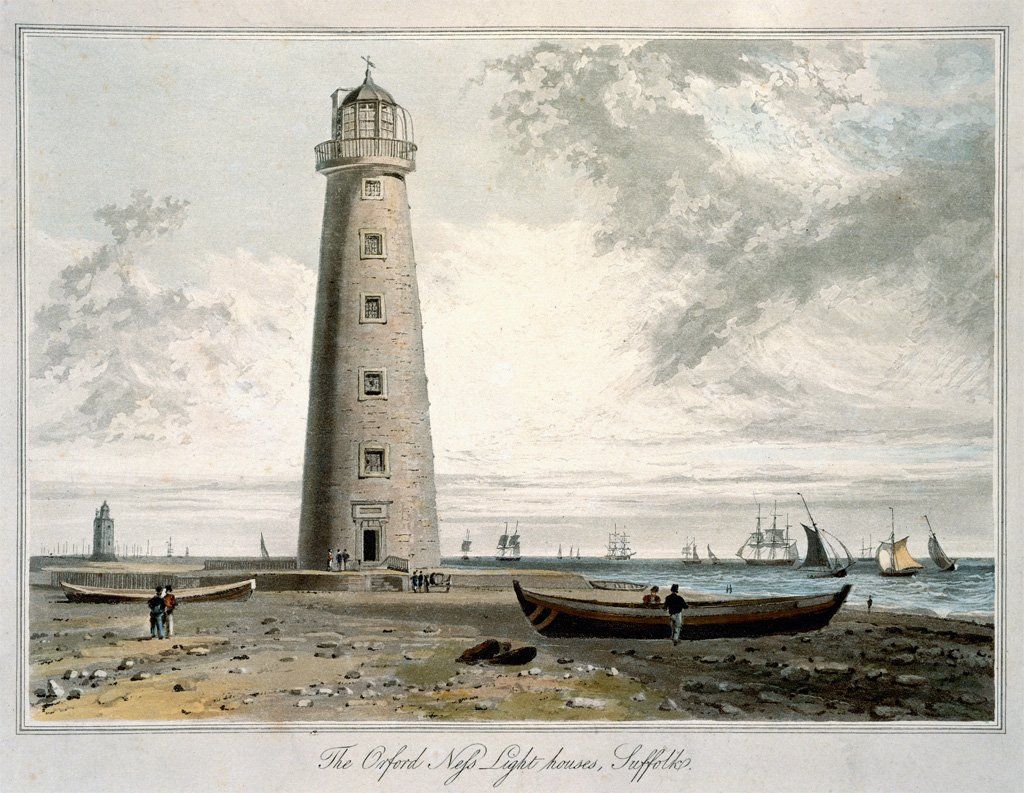 Painting Orfordness Lighthouse by William Daniell from his 1822 series A Voyage Round Great Britain