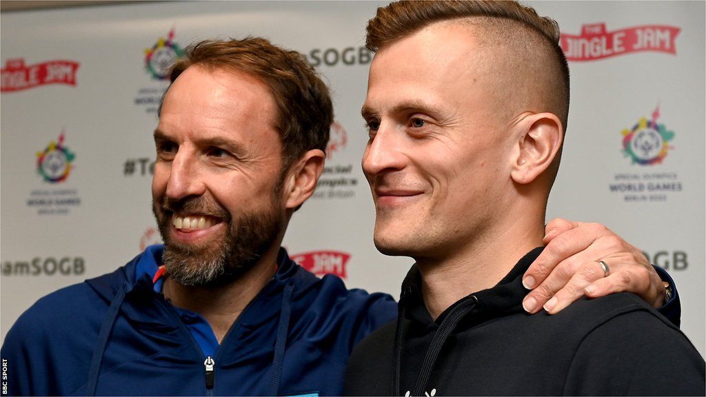 Jack Venturini posing for a photograph with England football manager Gareth Southgate