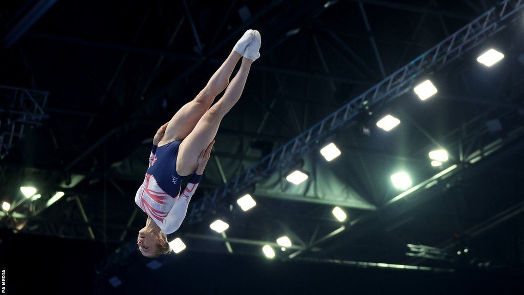 Bryony Page in mid-air as she performs her trampoline routine