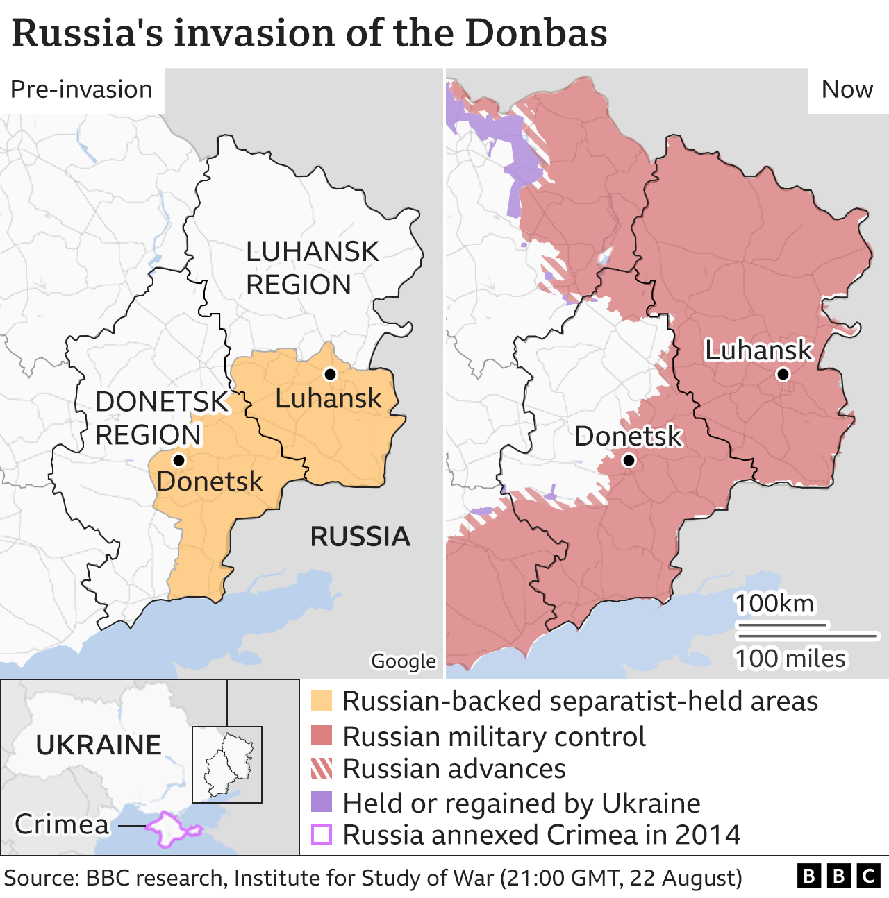 Map showing control of the Donbas region before and after the invasion. 23 Aug