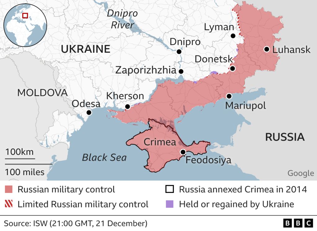 Map showing Feodosiya and areas of Russian control around Crimea