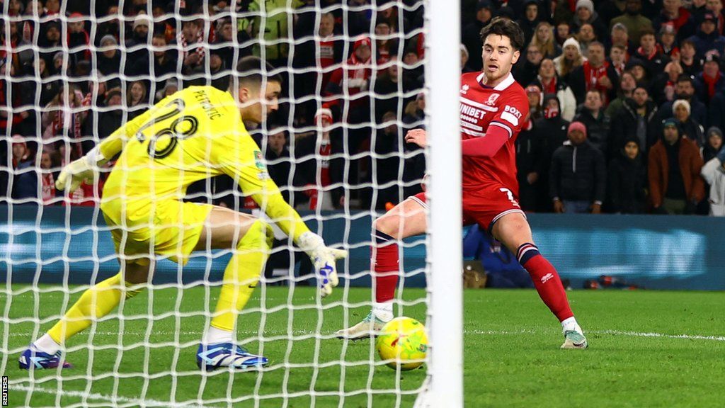 Middlesbrough's Hayden Hackney scores their first goal against Chelsea in the Carabao Cup semi-final first leg