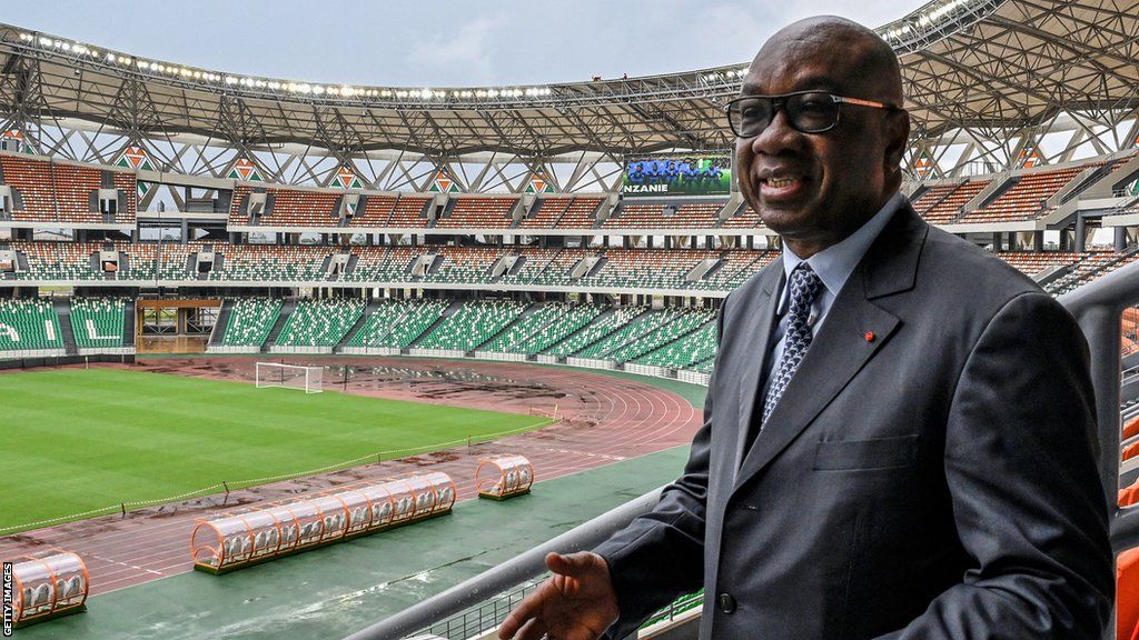 Idriss Diallo, president of the Ivorian football federation, speaks in the stands of the Alassane Ouattara Olympic Stadium