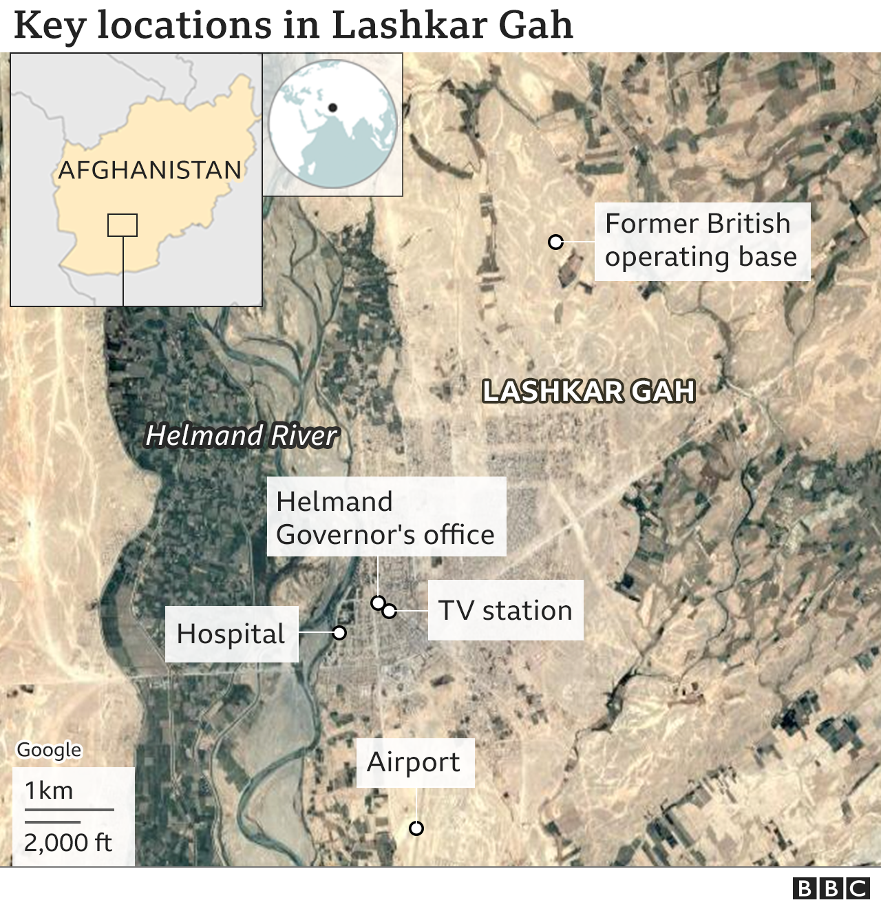 Map shows key locations in Lashkar Gah