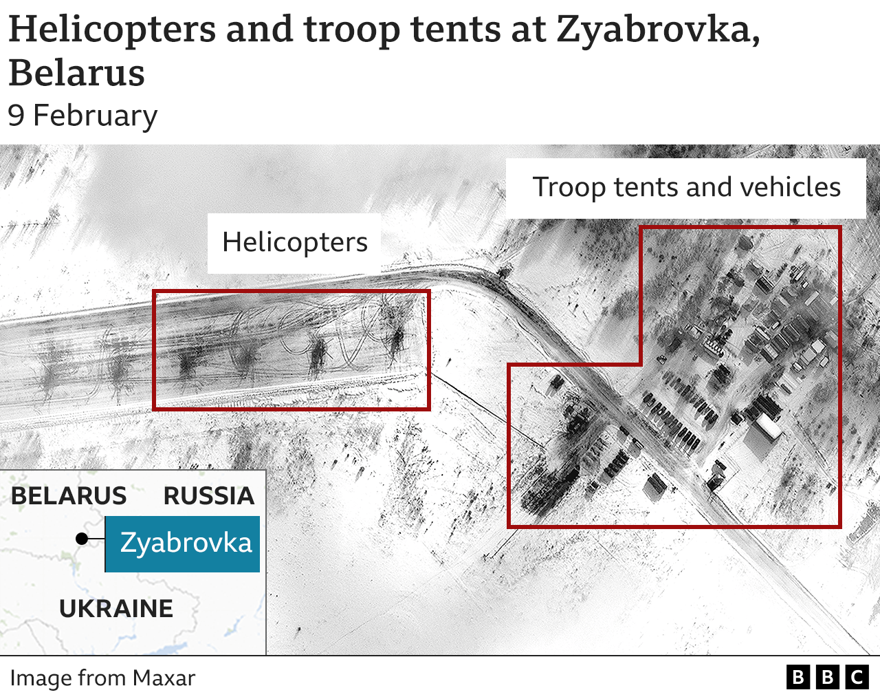 Satellite image showing helicopters and troop tents at Zyabrovka