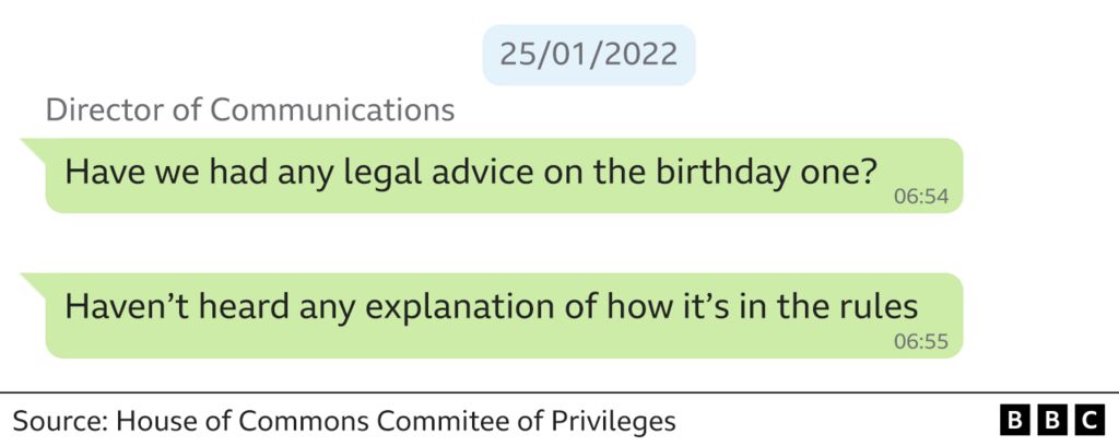 WhatsApp messages from director of communications: "Have we had any legal advice on the birthday one? Haven't heard any explanation of how it's in the rules"