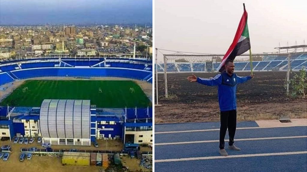 An exterior shot of Al Hilal's stadium (left) and picture of a club official with a Sudanese flag on the running track next to the pitch