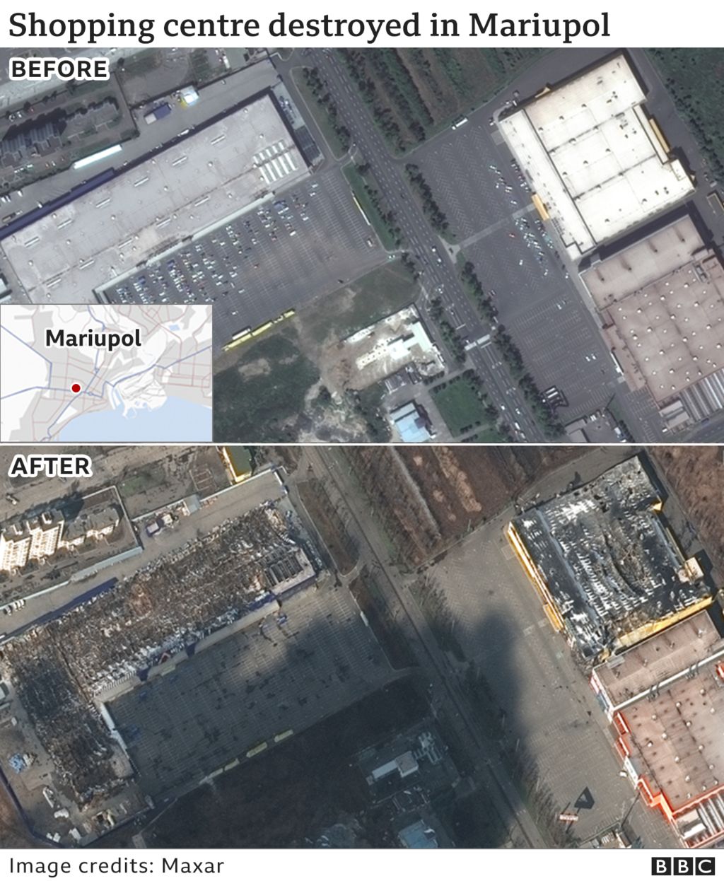 Satellite images showing damage to a shopping centre in Mariupol