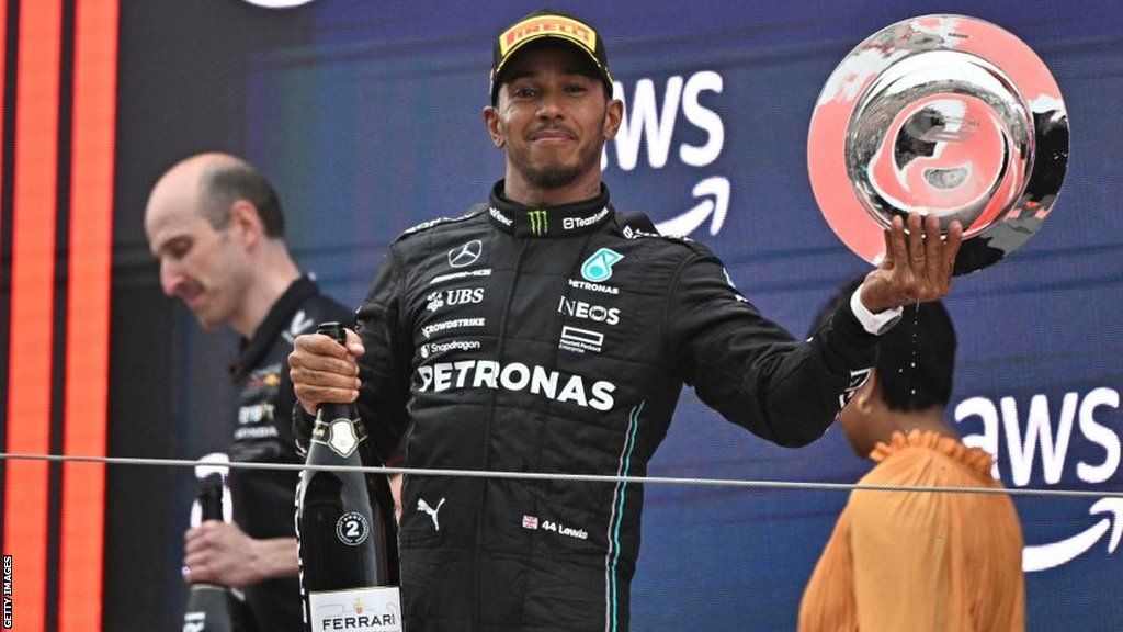 Lewis Hamilton celebrates second place in Spain