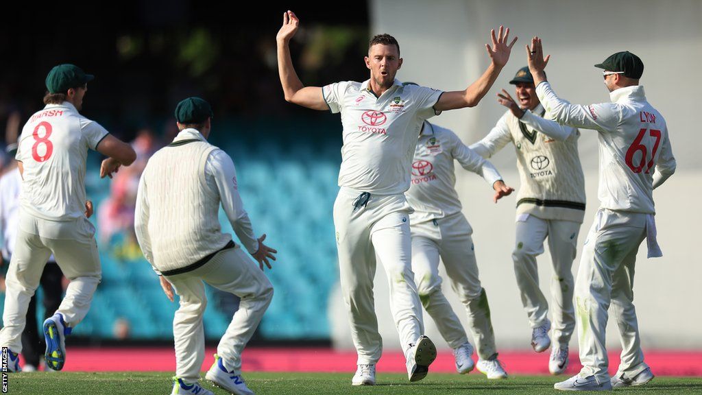 Australia bowler Josh Hazlewood celebrates taking a wicket against Pakistan