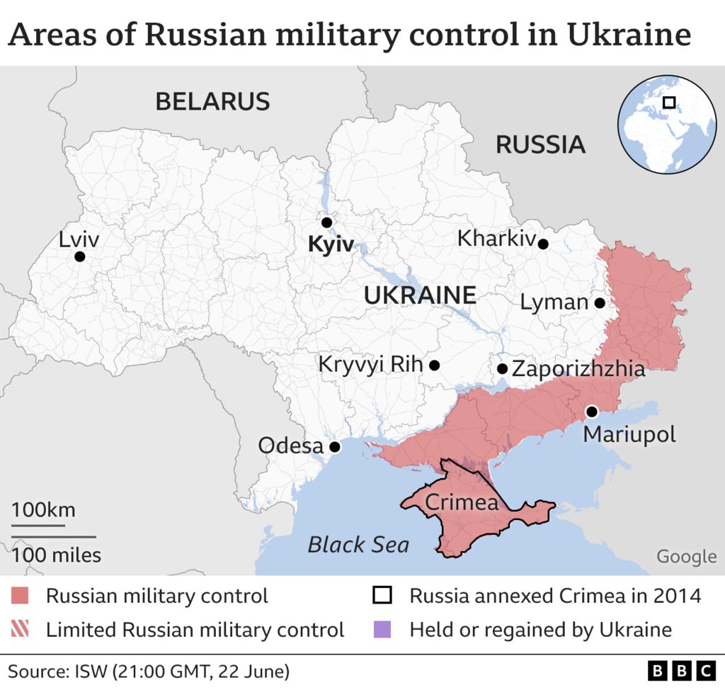 Map showing areas of Russian control in Ukraine