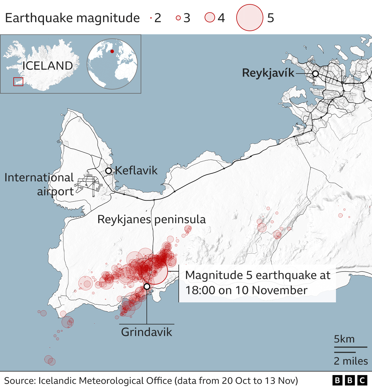 Map showing the location of earthquakes in Iceland from the end of October to 13th November