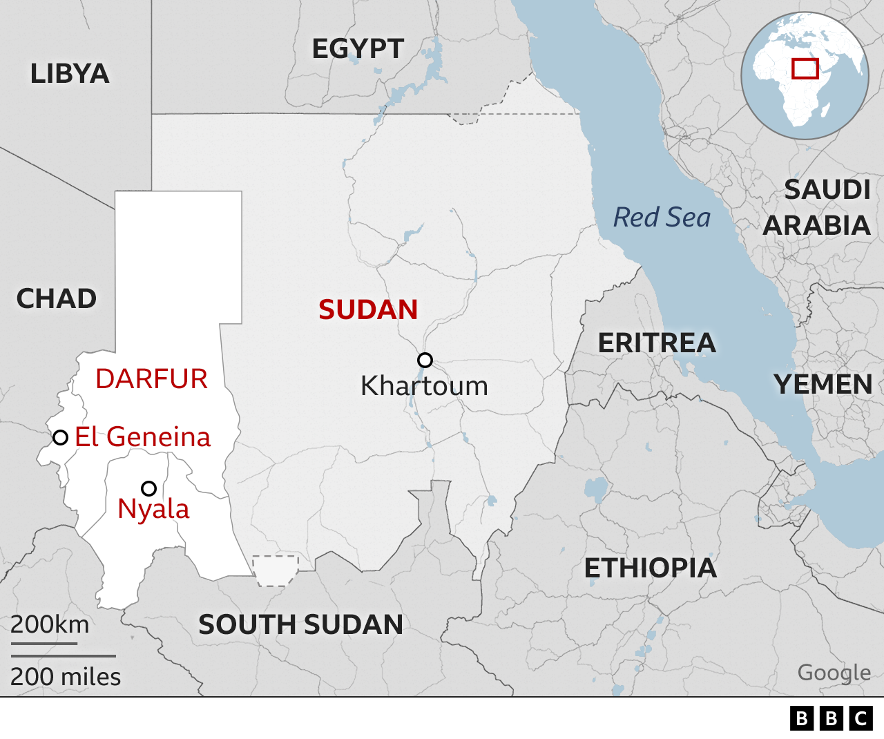 Map showing Darfur and the rest of Sudan and the cities of El Geneina, Nyala and Khartoum