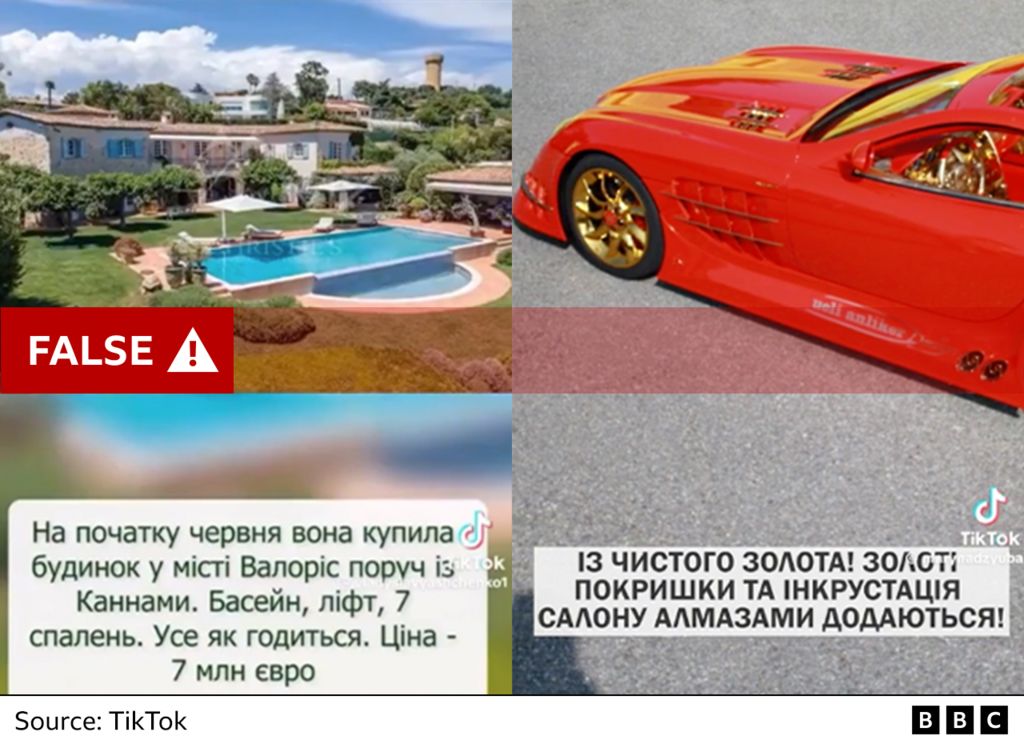Скриншоты двух видеороликов TikTok, ложно обвиняющих Резникова и его дочь в покупке роскошной виллы и автомобиля