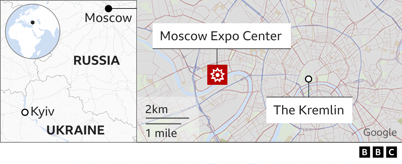 Map showing the Moscow Expo Center, which sits next to the Moskva River to the west of the city centre