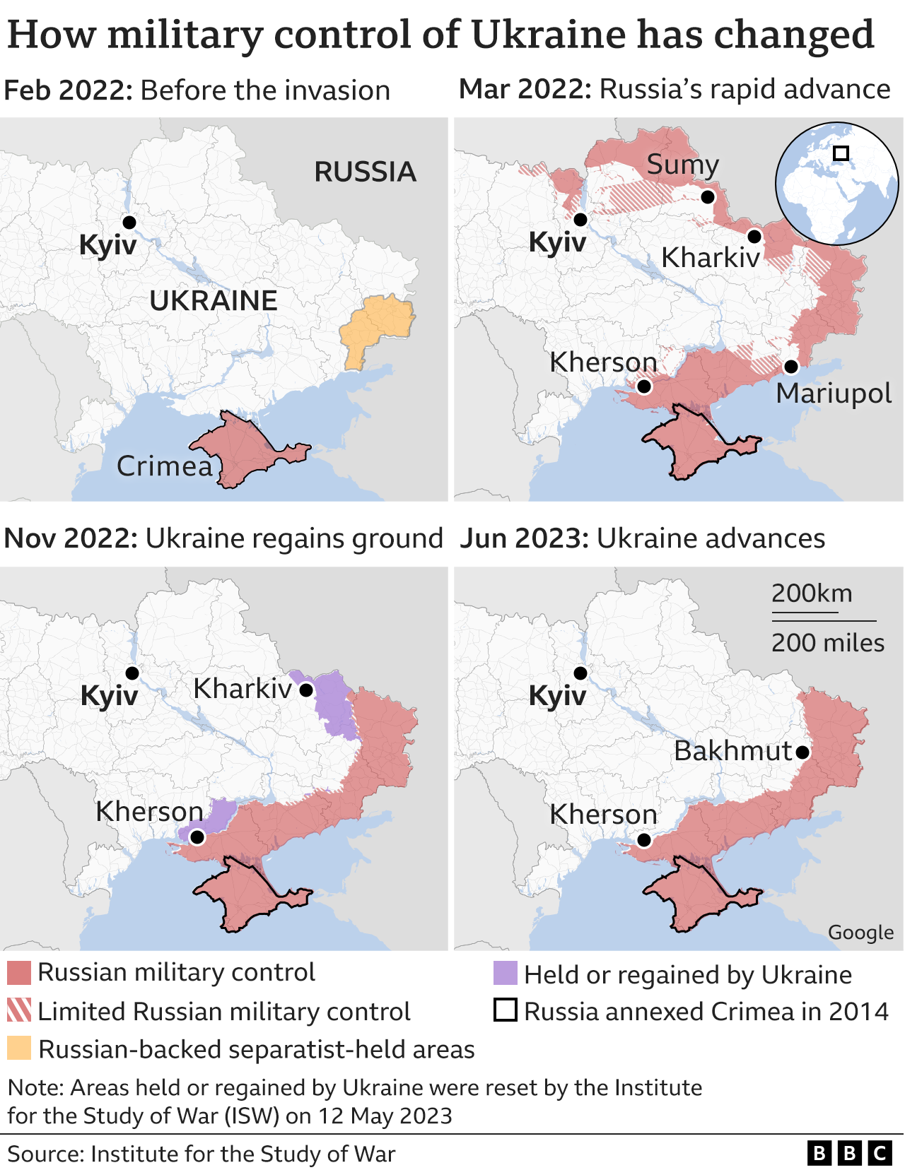 Four maps showing how the situation has changed on the ground since Russia's invasion..
